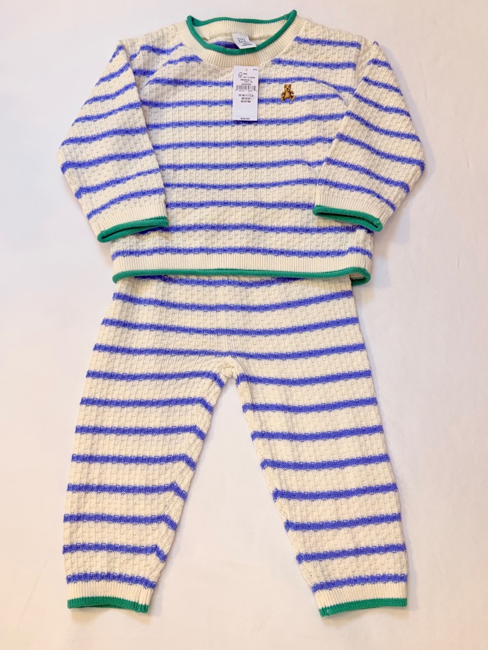 Baby GAP Cream & Lake Blue Striped Cotton Knit Set Kelly Green Detailing 12-18M